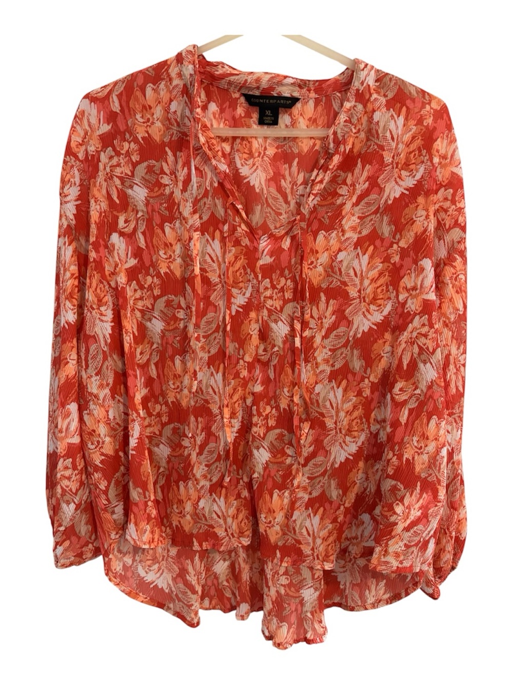 NWT XL Counterparts Orange Floral Tie-Neck Blouse